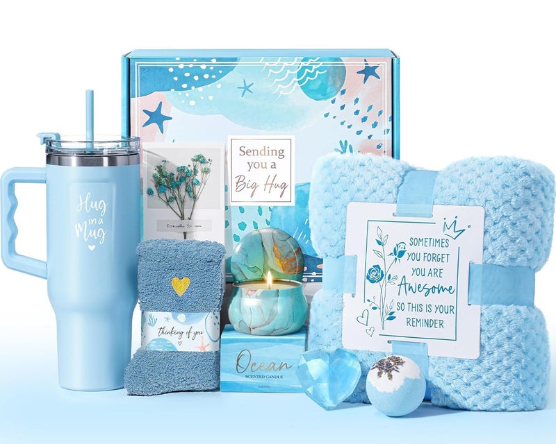 Qinline Birthday Gifts for Women Self Care Get Well Soon Gifts, Ocean Relaxing Spa Kit Bath Gift Basket Care Package w/ Flannel Blanket 40 OZ Tumbler, Valentines Day Gift for Her Wife Mom Girlfriend Sister - Image 1